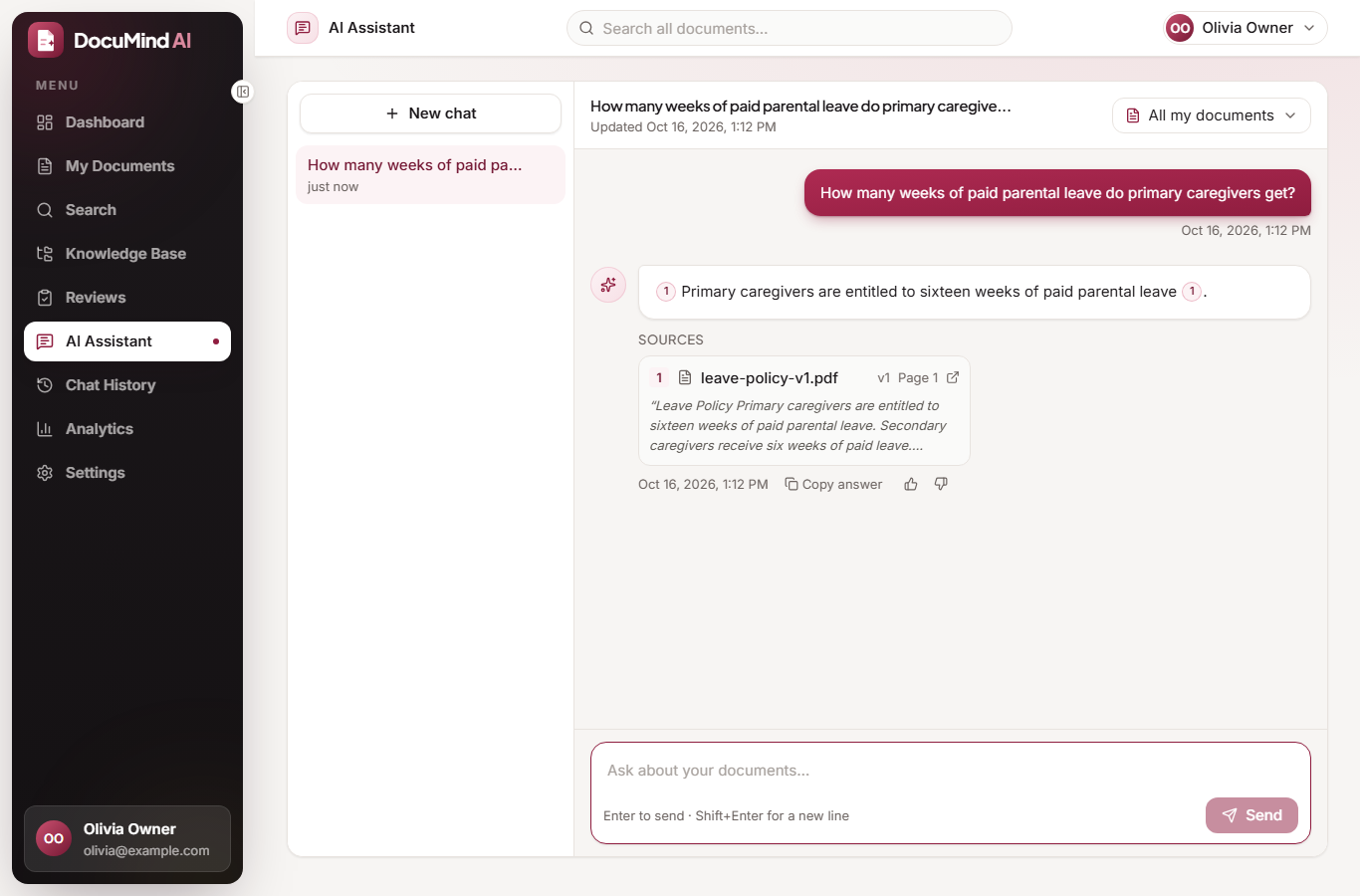AI assistant answer with a source card showing document, version and page