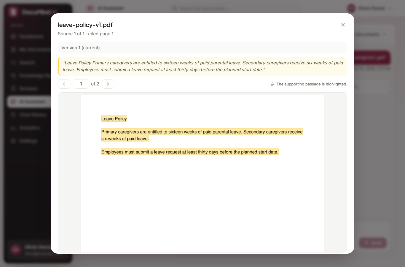 The citation viewer showing a PDF page with the supporting passage highlighted
