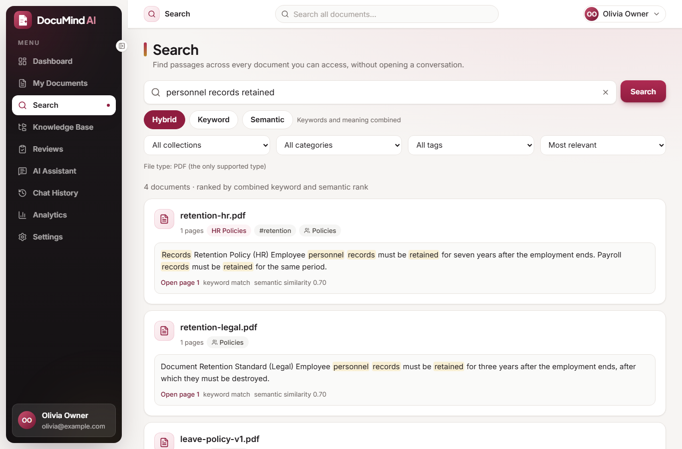 Hybrid search results with highlighted words, category, tags and page links