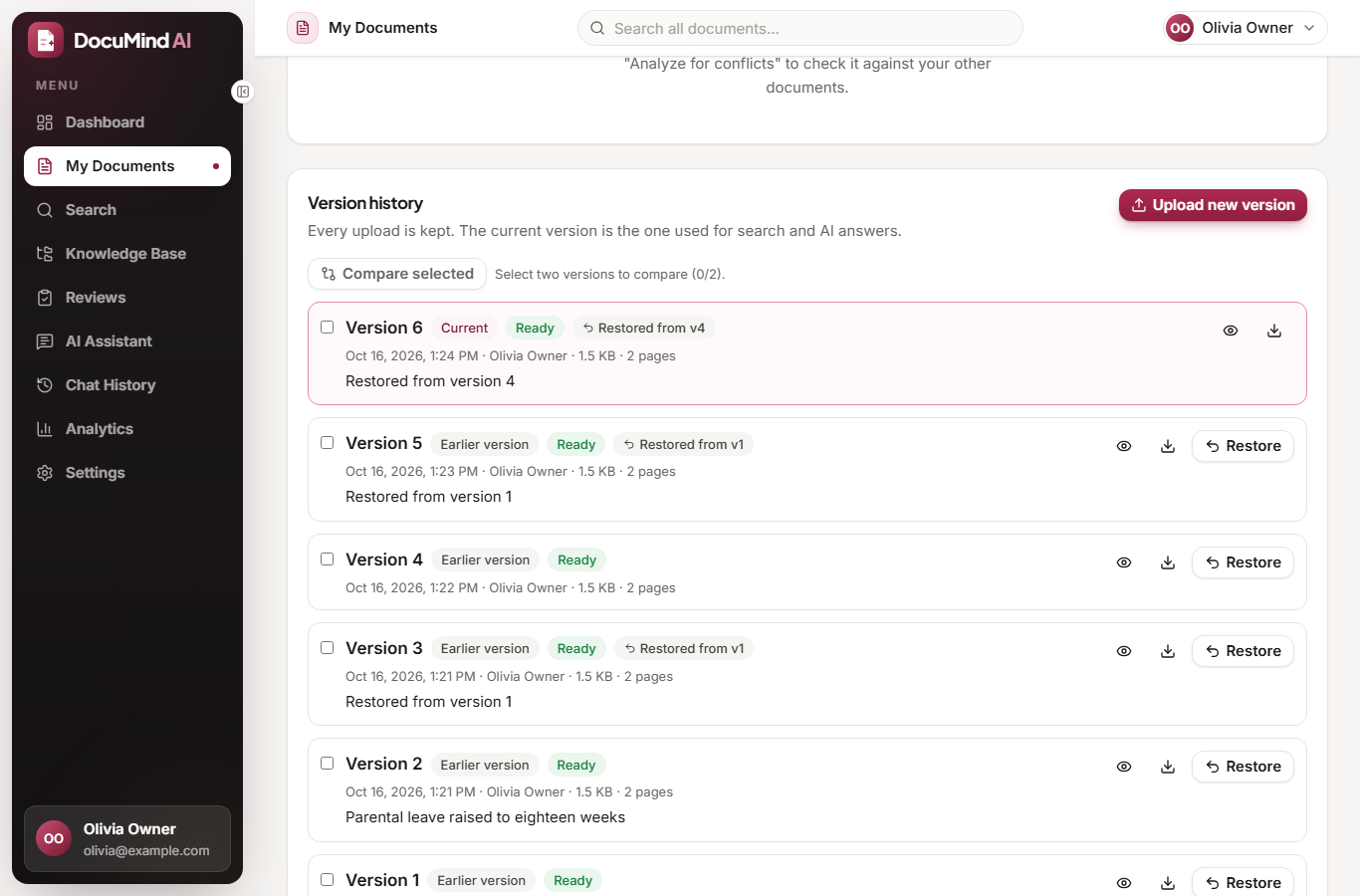 Version history with current and earlier versions, restore and download actions